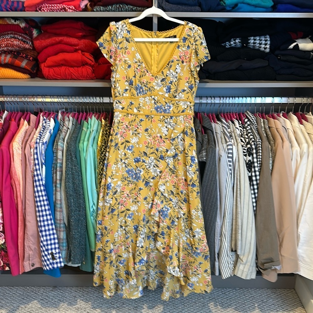 City Studio yellow/pink/blue floral lined back zipper hi low maxi  size 7